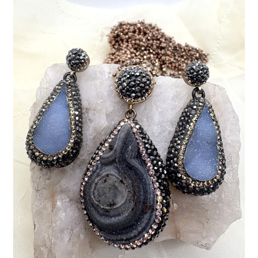 Vintage Druzy Quartz‎ Pendant & Earrings Set Sterling 925 Silver Rhinestone 36''